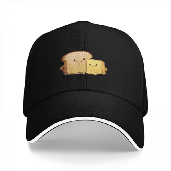Black Baseball Cap With Cute Bread And Butter Cartoon Print