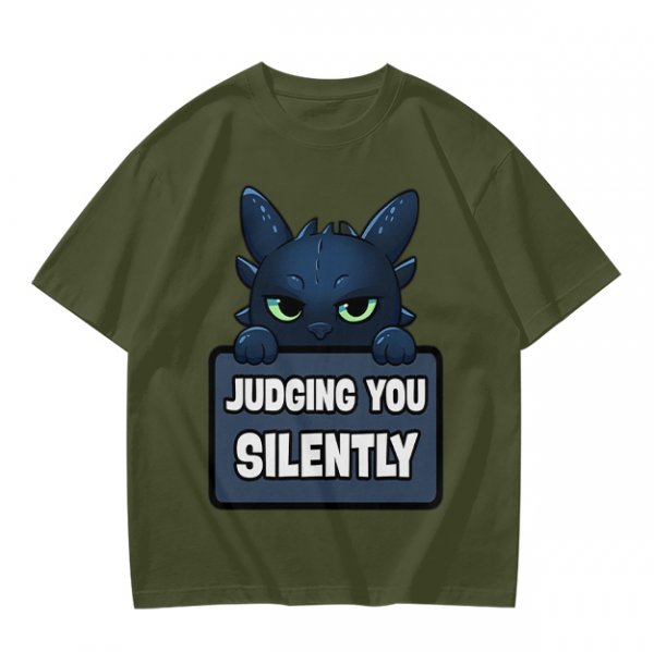 Olive t-shirt featuring Toothless the dragon judging you silently