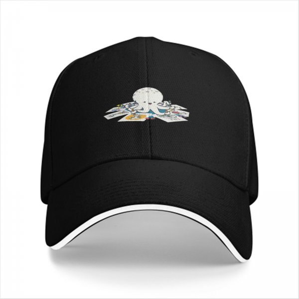 Black baseball cap with cute octopus holding colorful cards print