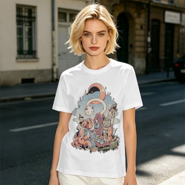 Olive T-Shirt With Whimsical Cat Crescent Moon Artwork
