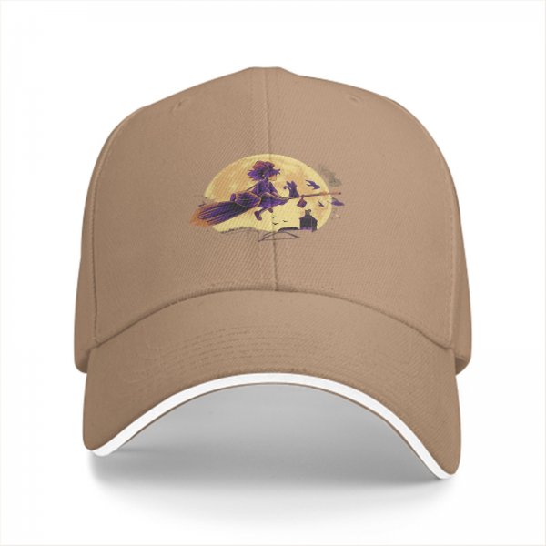 Black Baseball Cap With Witch Riding Broom Full Moon Halloween Art