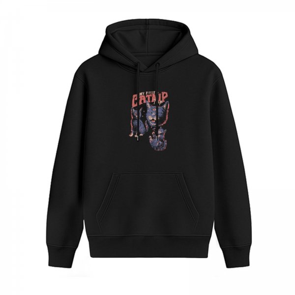 Black hoodie with 'My First Catnip' and psychedelic cat graphic
