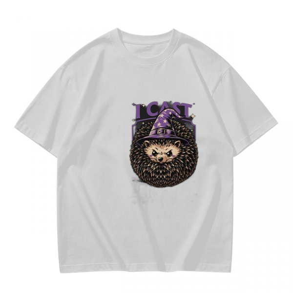 Olive green t-shirt with a hedgehog wizard graphic and 'I CAST' text