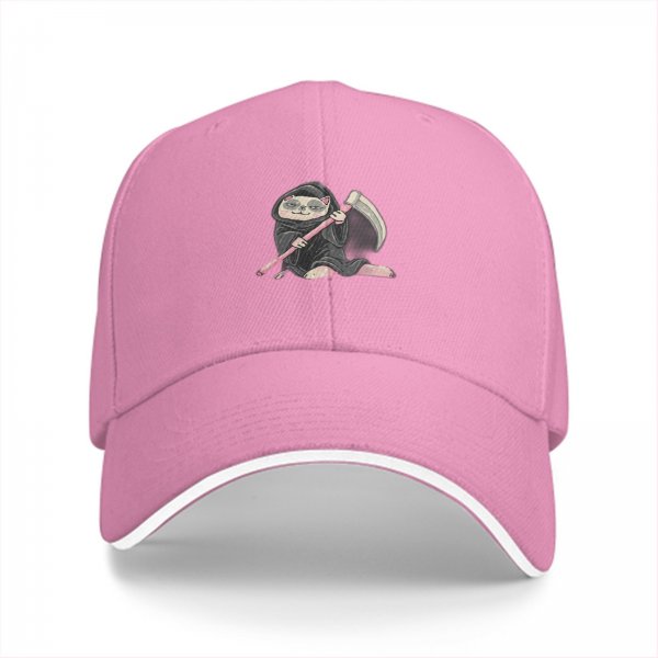 Black baseball cap with a cartoon grim reaper sloth graphic