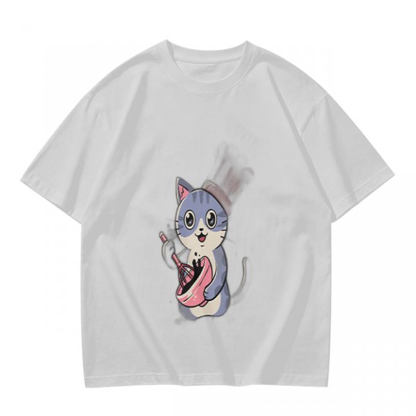 Olive Green T-Shirt With Cute Chef Cat Mixing Batter Print