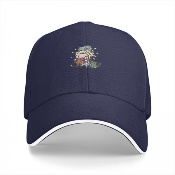 Black baseball cap with cute cartoon girl and cats graphic