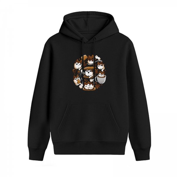 Black hoodie with cute coffee and cat themed graphic print