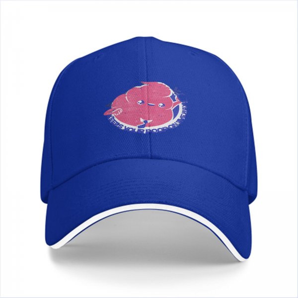 Black baseball cap with cartoon poop graphic and text print