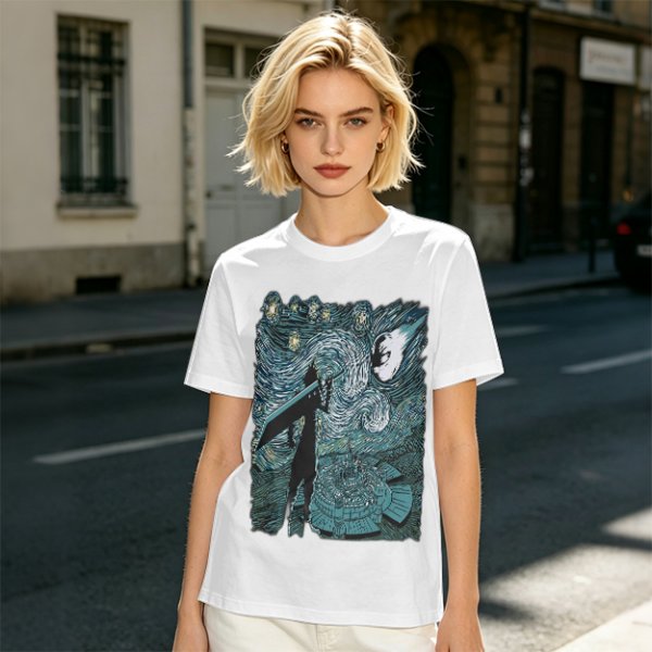 Olive T-shirt with Starry Night Style Fantasy Warrior Print