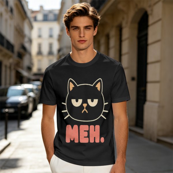 Olive T-Shirt With Grumpy Black Cat Meh Graphic Print