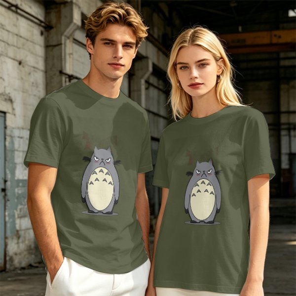 Olive T-shirt with Angry Totoro Graphic Print