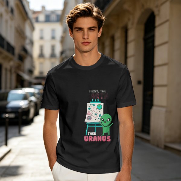 Olive green graphic tee with alien painting 'First the Earth Then Uranus'