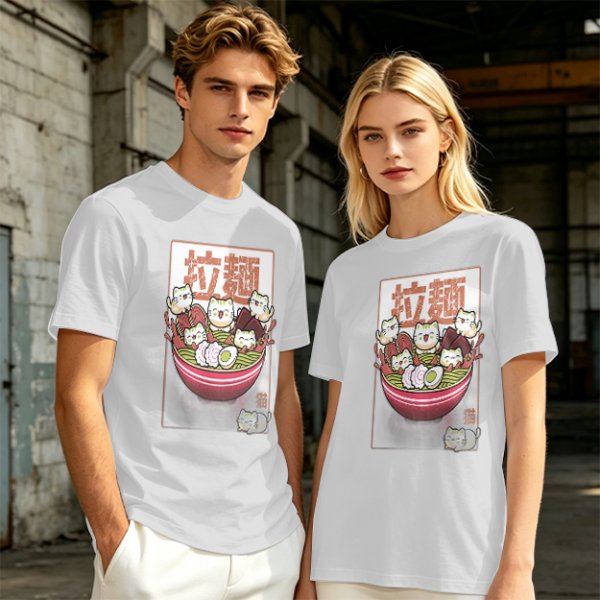 Olive T-Shirt With Cute Ramen Cat Bowl Graphic Print