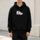 Black hoodie with a cartoon of a child resting on a large fluffy white dog