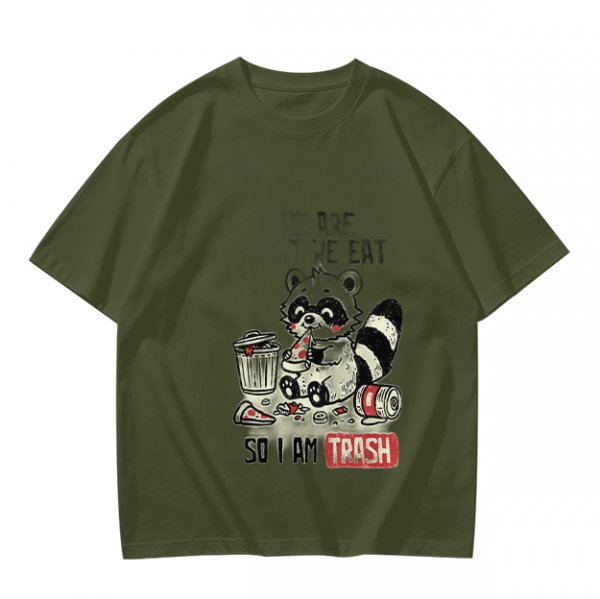 Olive T-Shirt With Raccoon Eating Pizza Trash Print Design