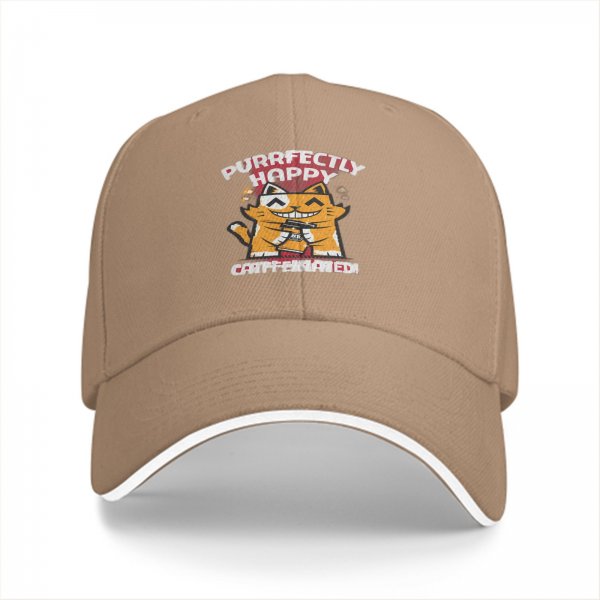 Black baseball cap with 'Purrfectly Happy Caffeinated' cat graphic