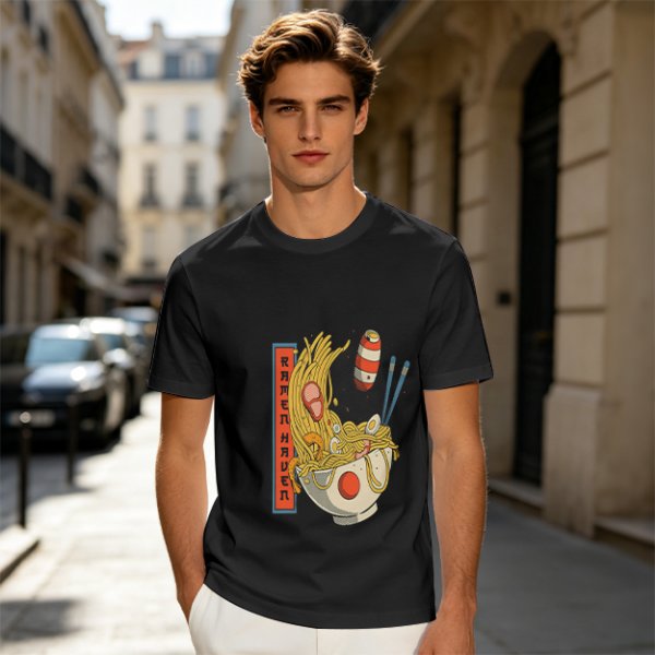 Olive T-Shirt With Ramen Bowl Graphic and Vertical Text Print