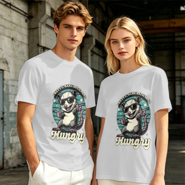 Olive graphic tee with sarcastic hungry opossum in sunglasses