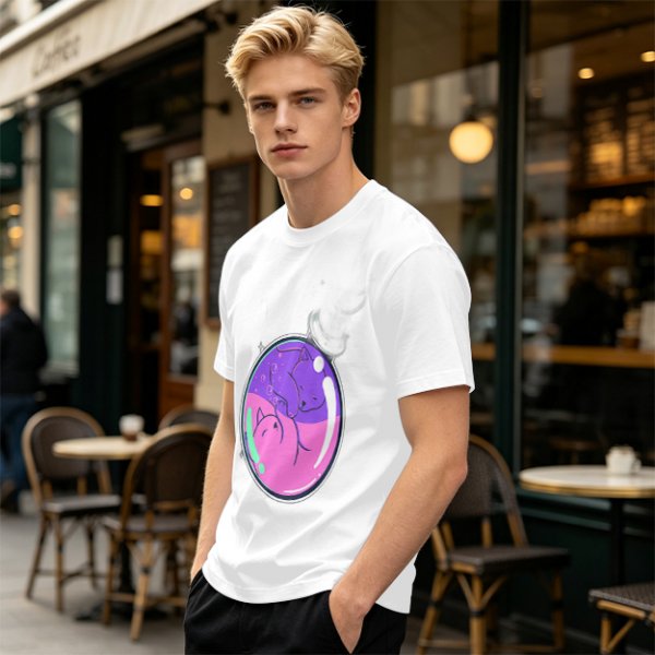 Olive T-shirt with Sleeping Cats in Colorful Bubble Graphic