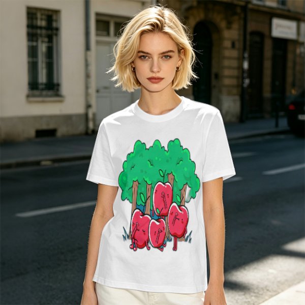 Olive T-Shirt With Cartoon Anthropomorphic Apples In Forest Print