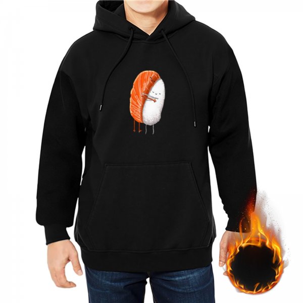 Black hoodie with cute hugging salmon sushi rice character print
