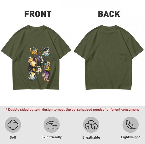 Olive T-Shirt With Playful Space Cats Graphic Print