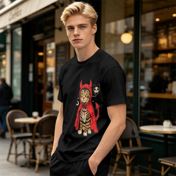 Olive T-shirt with a tabby cat in a devil hood and skull cat graphic