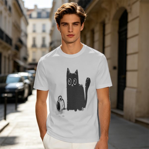 Olive Green T-Shirt With Cute Surprised Black Cat And Bell Print