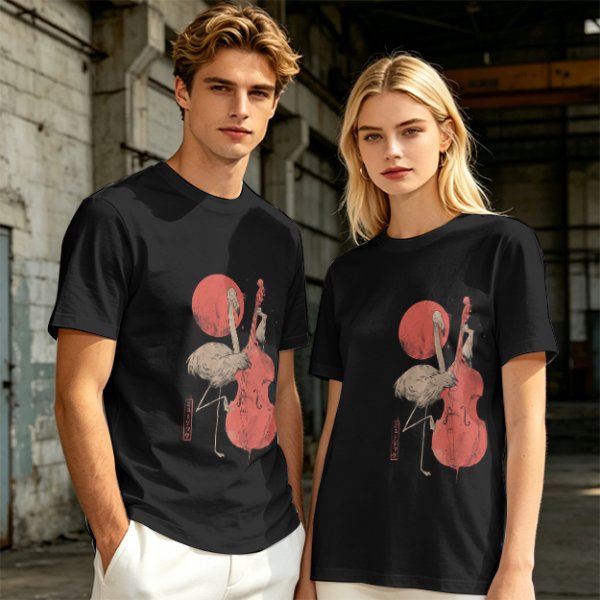 Olive T-Shirt With Crane Playing Cello Red Moon Art Print