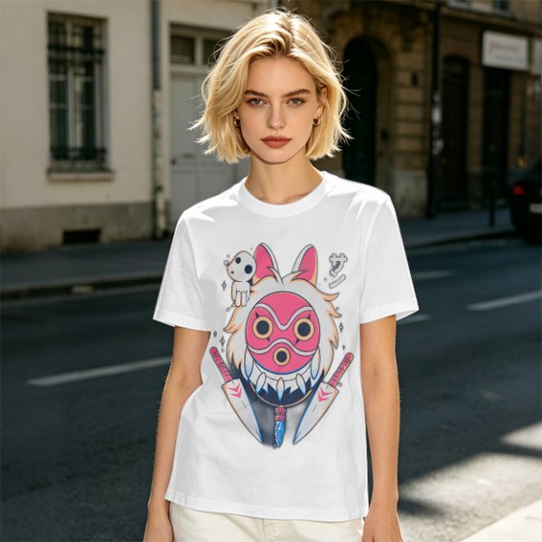 Olive T-Shirt with Princess Mononoke Mask and Kodama Print
