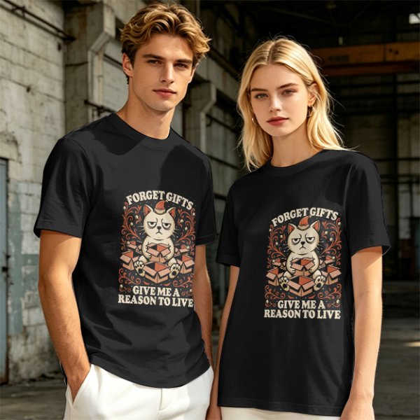 Olive t-shirt with grumpy cat holding boxes and text 'Forget Gifts Give Me A Reason To Live'