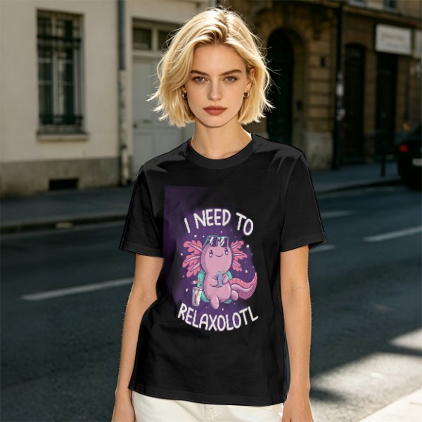 Olive t-shirt with axolotl 'I need to relaxolotl' graphic