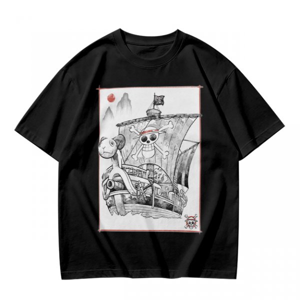 Olive T-shirt with Straw Hat Pirate Ship Art Print