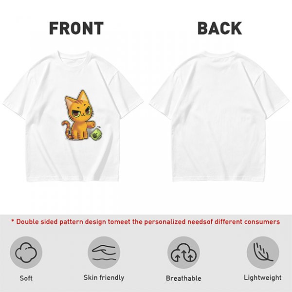 Olive T-shirt with mischievous orange cat knocking over green cup print