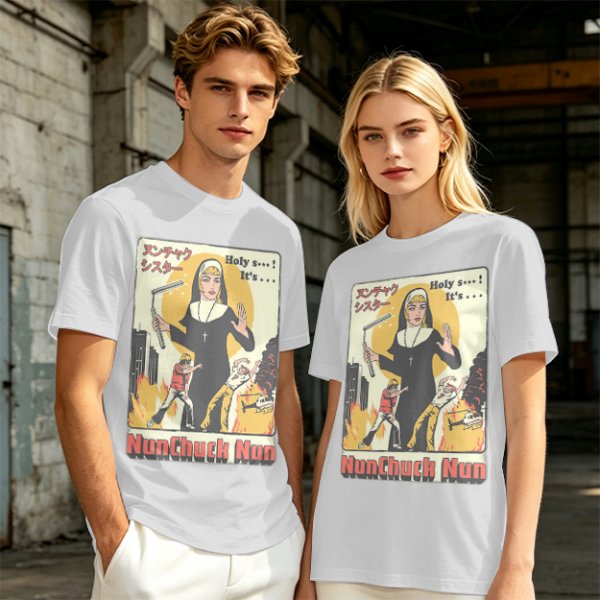 Olive T-shirt with Nunchuck Nun Action Graphic Print