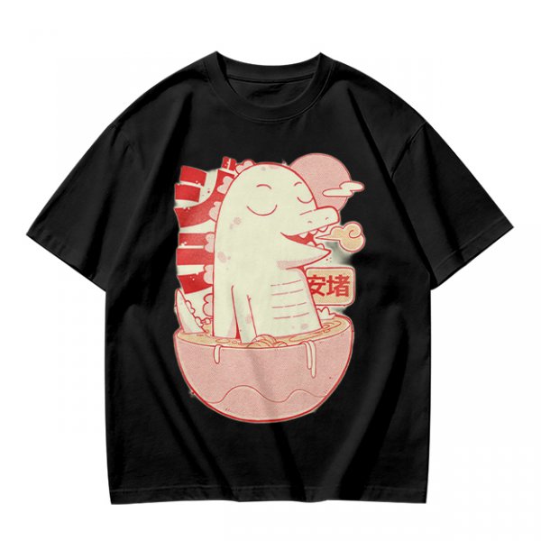 Olive t-shirt with a cartoon dinosaur in a ramen bowl graphic
