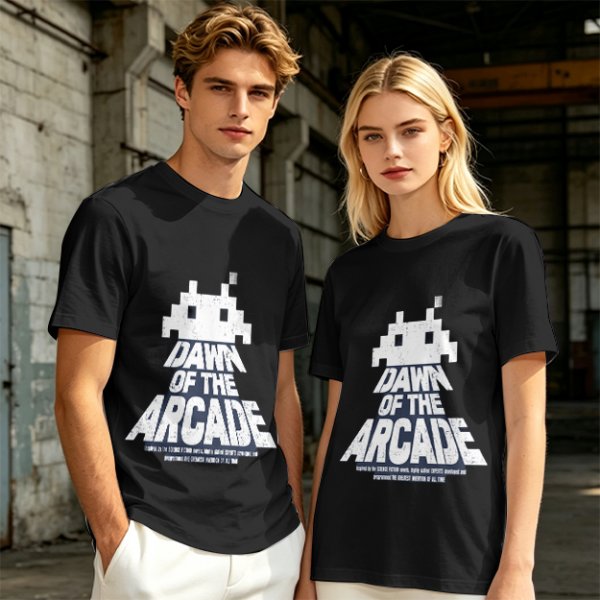 Olive T-Shirt with Retro Arcade Space Invader Graphic and Dawn of the Arcade Text