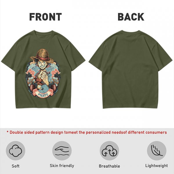 Olive T-Shirt Featuring Monkey D. Luffy Pirate Anime Art