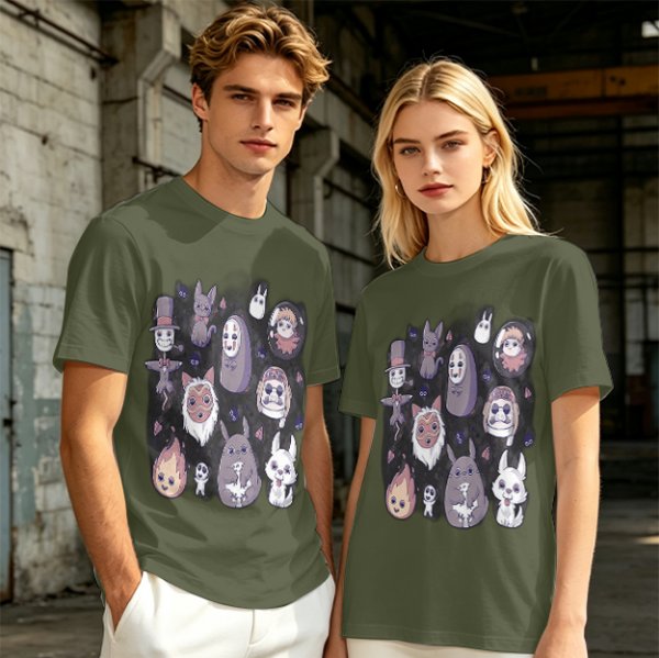 Olive T-Shirt With Cute Studio Ghibli Character Print
