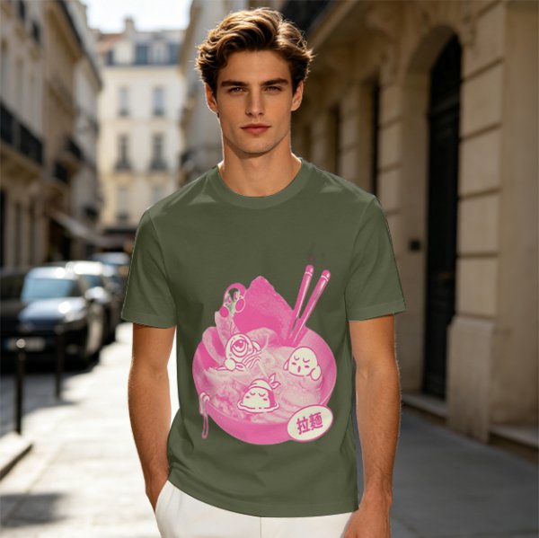 Oversized dark green t-shirt with cute pink ramen bowl graphic