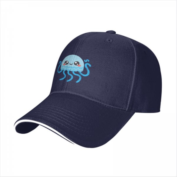 Black Baseball Cap With Cute Kawaii Light Blue Jellyfish Print
