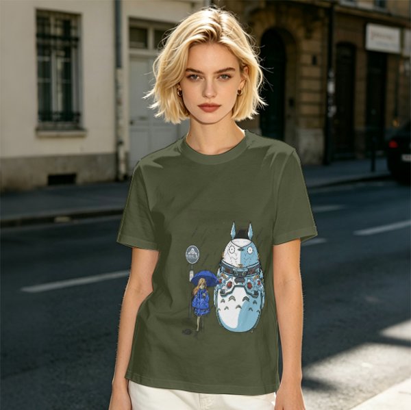 Olive T-Shirt with Mech Totoro and Girl at Bus Stop Print
