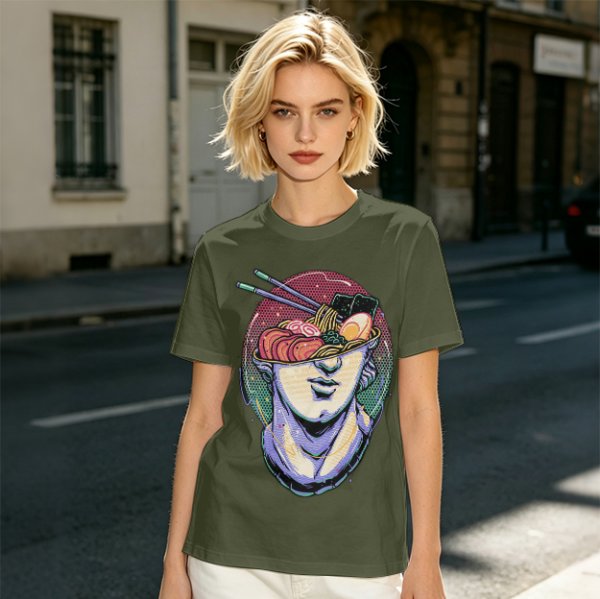 Olive T-Shirt With Classical Bust Ramen Bowl Art Print