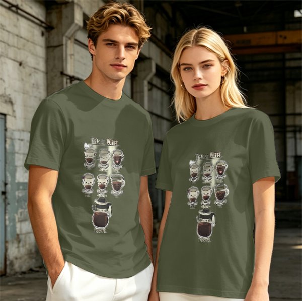 Olive Green T-Shirt With Cute Cartoon Coffee Cups Graphic