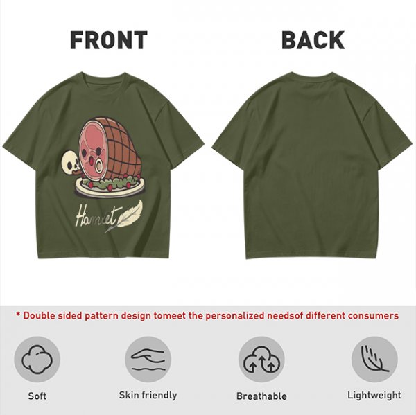 Olive T-Shirt With Funny Hamlet Ham And Skull Graphic Print