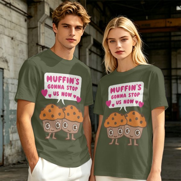 Olive t-shirt with cute muffin graphic and playful text design