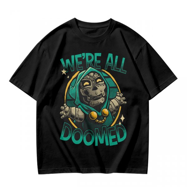 Olive T-Shirt Featuring 'We're All Doomed' and Doom Character Art