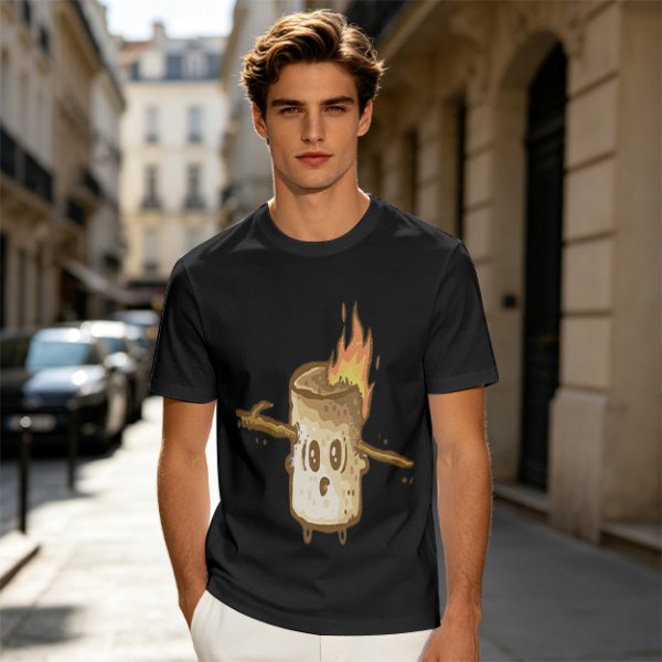 Olive T-Shirt With Surprised Burning Marshmallow Graphic