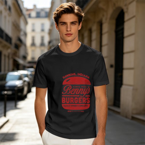 Olive green t-shirt with Benny's Burgers Hawkins Indiana graphic