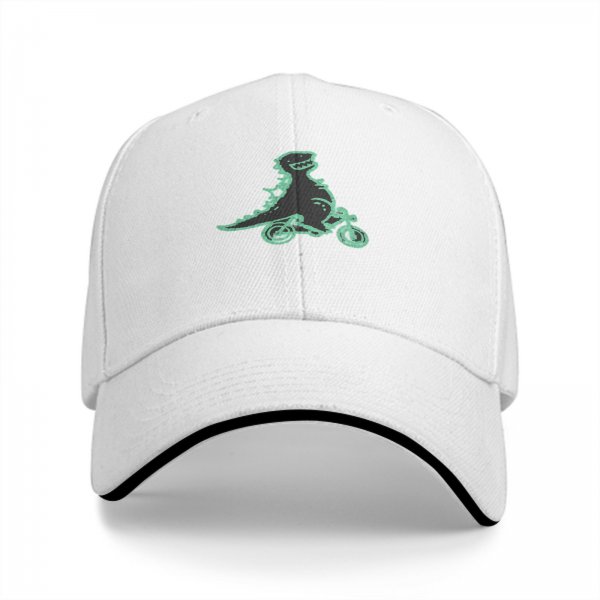 Black Baseball Cap with T-Rex Dinosaur Riding a Bike Graphic